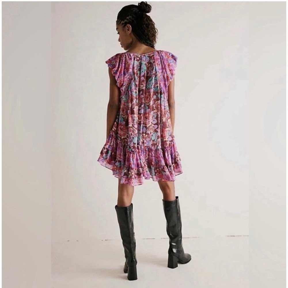 Free People woodington Floral Sheer Ruffle Mini Dress Pink sheer Womens XS - Picture 2 of 10